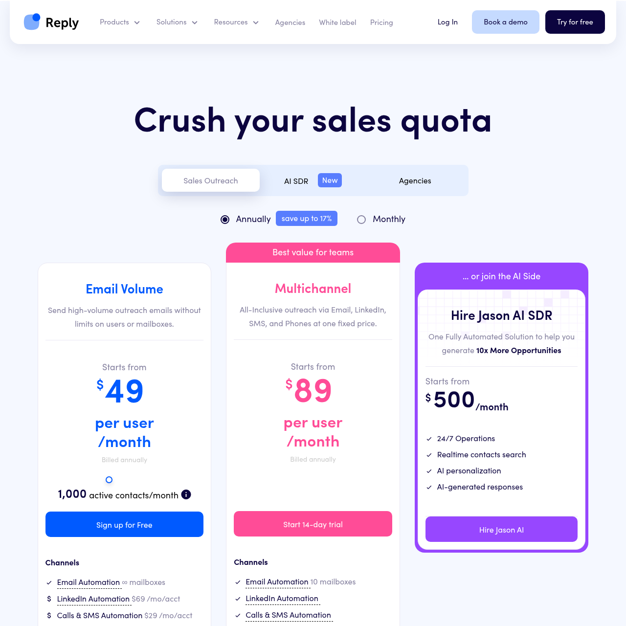 Reply.io pricing page