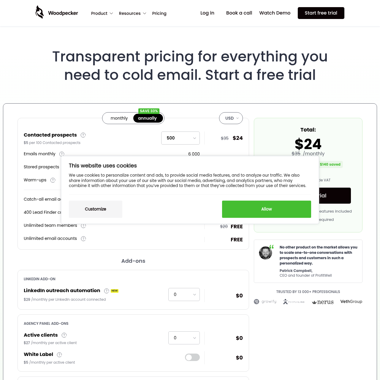 Woodpecker pricing page
